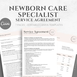 Editable Newborn Care Specialist Service Agreement, Postpartum Baby Nurse Contract Template, Minimalist 6 Page Canva Template