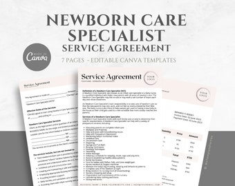Editable Newborn Care Specialist Service Agreement, Postpartum Baby Nurse Contract Template, Minimalist 6 Page Canva Template