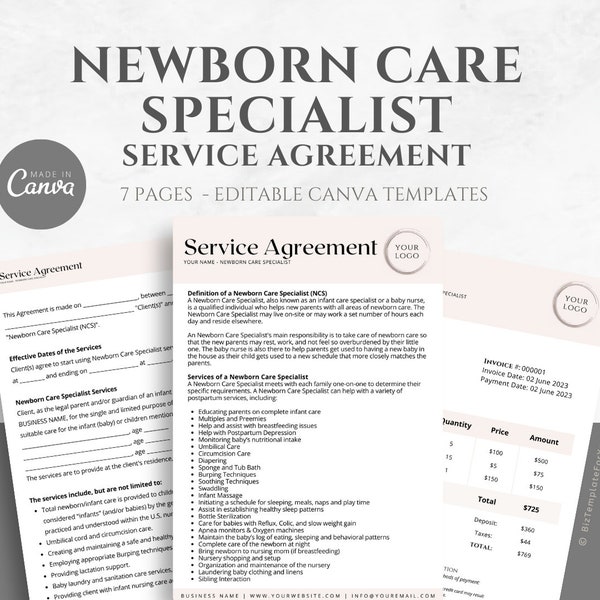 Editable Newborn Care Specialist Service Agreement, Postpartum Baby Nurse Contract Template, Minimalist 6 Page Canva Template