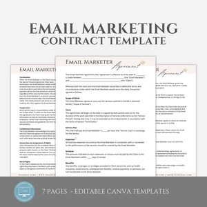 May include: A 7-page editable Canva template for an email marketing contract agreement. The template features a modern design with a light brown background and a gold crown logo. The text "Email Marketing Contract Template" is displayed in a large, bold font at the top of the page.