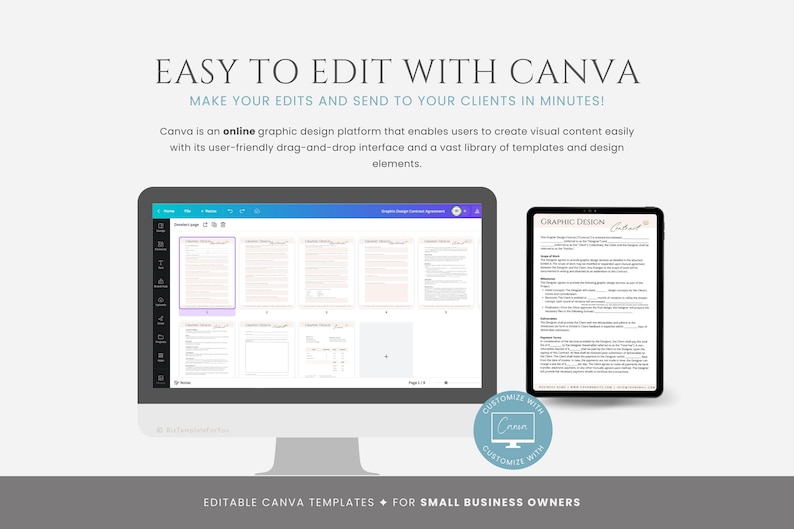 May include: A computer screen displaying a Canva design template with the text "GRAPHIC DESIGN" and a signature. The screen is surrounded by a blue border. The text "EASY TO EDIT WITH CANVA" is displayed above the screen. The text "MAKE YOUR EDITS AND SEND TO YOUR CLIENTS IN MINUTES!" is displayed below the screen. The text "Canva is an online graphic design platform that enables users to create visual content easily with its user-friendly drag-and-drop interface and a vast library of templates and design elements." is displayed below the text "MAKE YOUR EDITS AND SEND TO YOUR CLIENTS IN MINUTES!"