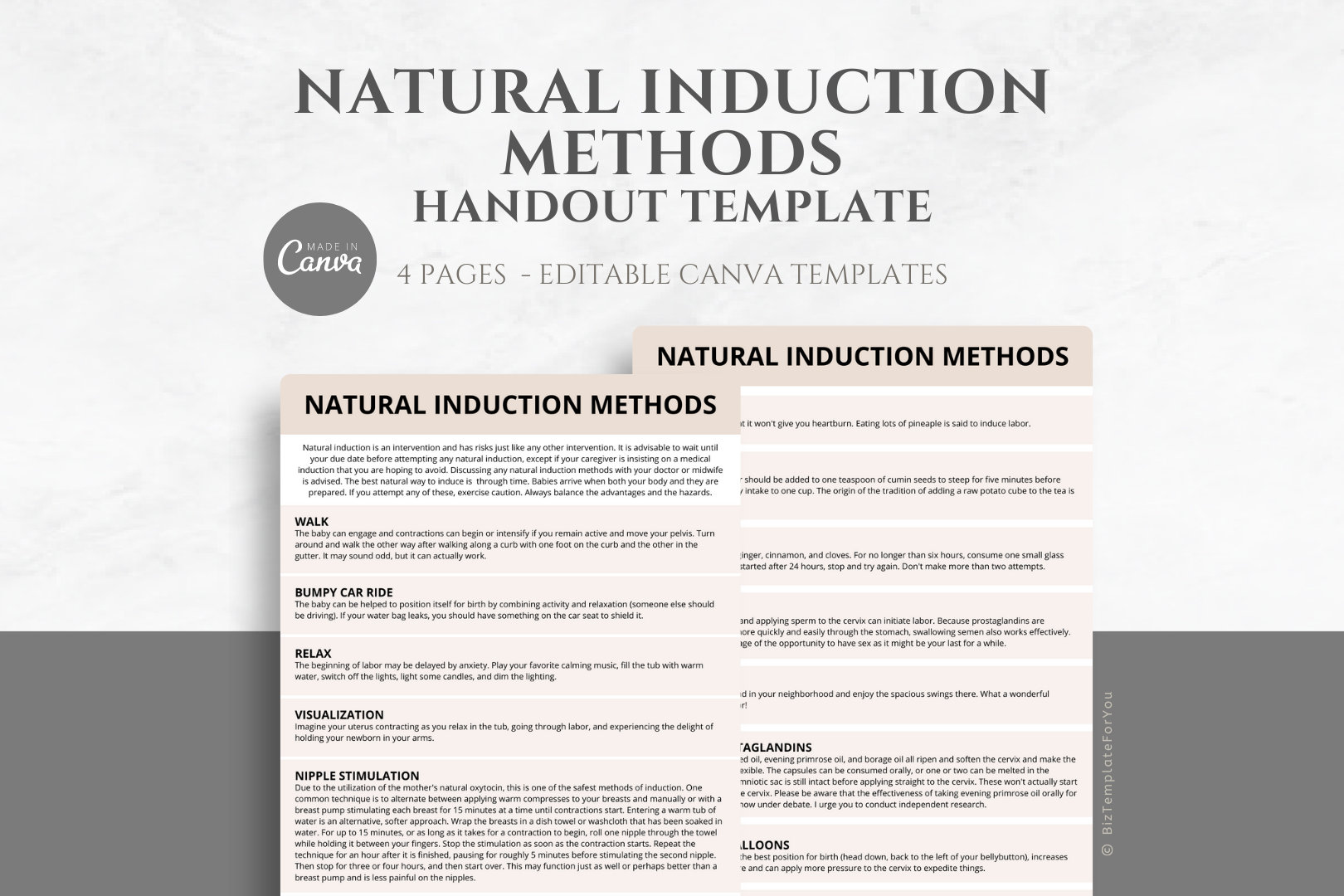 Editable Natural Induction Methods Handout Template, Doula Tool, Birth Education, Labor and