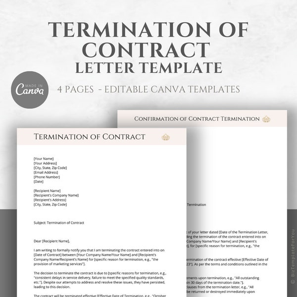 Editable Termination of Contract Template, Termination Letter Template, Business Service Agreement Termination, Notice of Termination Canva