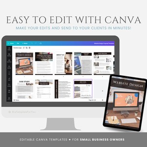 以下が含まれることがあります： Canvaでウェブサイトデザインの提案テンプレートを表示しているコンピューター画面。テンプレートには、ウェブサイトデザイン、会社概要、プロセス、ケーススタディのセクションが含まれています。画面には、ウェブサイトデザインの提案の表紙ページを表示しているタブレットが付属しています。画像のテキストには、「Canvaで簡単に編集できます。編集して、数分でクライアントに送信できます。」と「中小企業向けの編集可能なCanvaテンプレート」と表示されています。