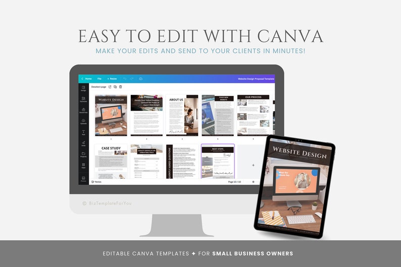 以下が含まれることがあります： Canvaでウェブサイトデザインの提案テンプレートを表示しているコンピューター画面。テンプレートには、ウェブサイトデザイン、会社概要、プロセス、ケーススタディのセクションが含まれています。画面には、ウェブサイトデザインの提案の表紙ページを表示しているタブレットが付属しています。画像のテキストには、「Canvaで簡単に編集できます。編集して、数分でクライアントに送信できます。」と「中小企業向けの編集可能なCanvaテンプレート」と表示されています。