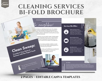 Cleaning Services Bi-fold Brochure Template, Cleaning Business Marketing. Easily editable Canva Templates for Cleaners, Housekeepers&Maids