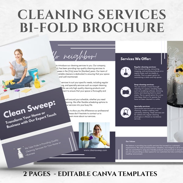 Cleaning Services Bi-fold Brochure Template, Cleaning Business Marketing. Easily editable Canva Templates for Cleaners, Housekeepers&Maids