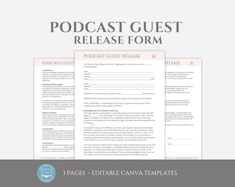 Può includere: Modello di modulo di rilascio per ospiti di podcast su tre pagine, in uno schema di colori grigio chiaro e bianco. Il modulo include sezioni per la compensazione, i diritti di proprietà intellettuale, il rilascio e la rinuncia, la riservatezza e il riepilogo. Il testo "Podcast Guest Release Form" è in cima alla pagina.