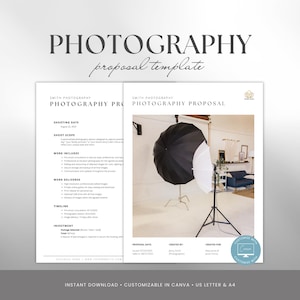 Puede incluir: Una plantilla de propuesta de fotografía con el texto "PHOTOGRAPHY proposal template" en la parte superior. La plantilla incluye secciones para la fecha de la sesión, el alcance, el trabajo incluido, el trabajo entregado, el cronograma y la inversión. El lado derecho muestra un estudio de fotografía.