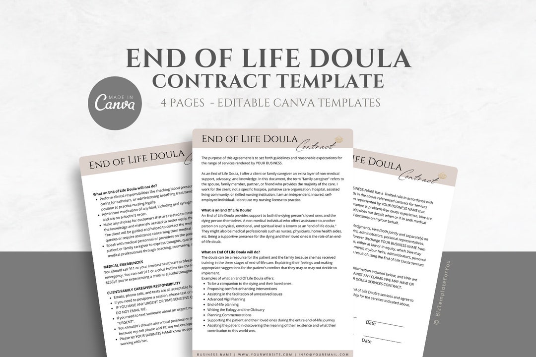 Editable End of Life Doula Contract Template, Death Doula Service Editable End of Life Doula Contract Template, Death Doula Service