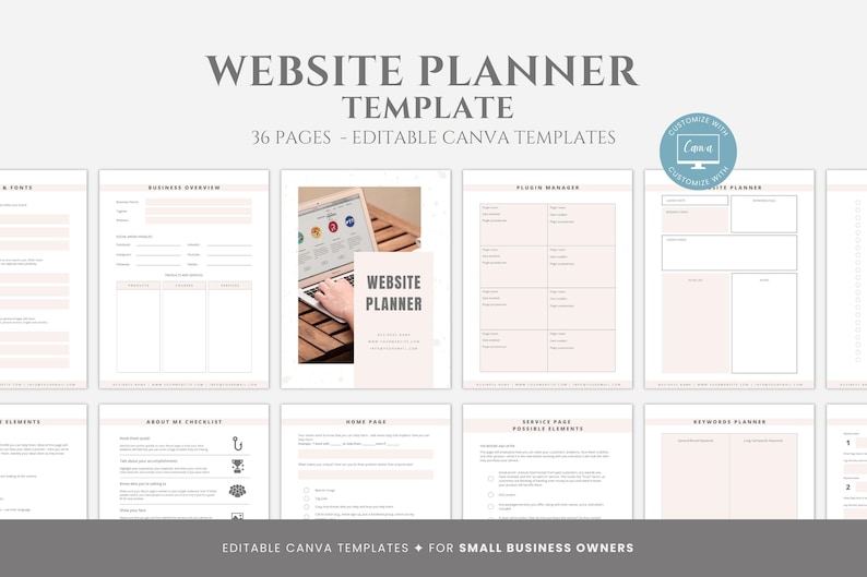 May include: A website planner template with 36 pages, designed for small business owners. The template is editable in Canva and features a laptop with a website design on the screen. The text "Website Planner" is featured on the cover.