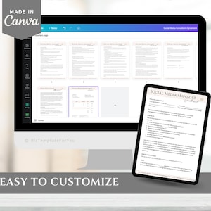 Puede incluir: Una pantalla de ordenador que muestra una plantilla de contrato de administrador de redes sociales en Canva. El texto "EASY TO CUSTOMIZE" se muestra debajo de la pantalla.