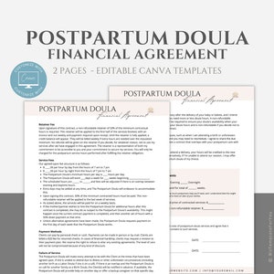 Editable Postpartum Doula Financial Agreement Template, Postpartum Doula Contract Template, Doula Business Forms, Doula Paperwork