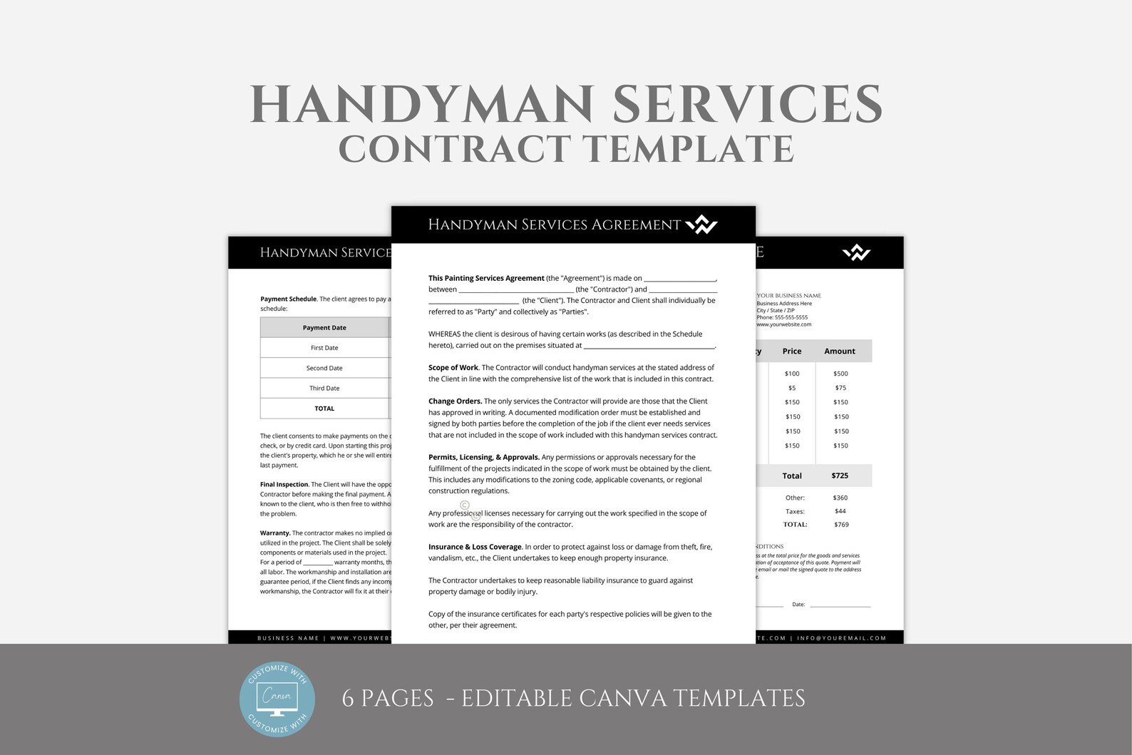 Contract File Pattern Editable Handyman Contract Template, Professional Handyman Services ...