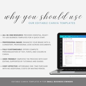 May include: A laptop computer displaying a Canva design template with the text "why you should use our editable Canva templates". The text highlights the benefits of using Canva templates, including being an all-in-one resource, providing a professional image, being fully customizable, user-friendly, and cost-effective.