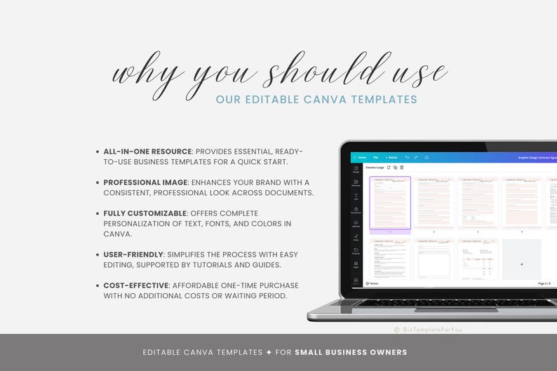 May include: A laptop computer displaying a Canva design template with the text "why you should use our editable Canva templates". The text highlights the benefits of using Canva templates, including being an all-in-one resource, providing a professional image, being fully customizable, user-friendly, and cost-effective.