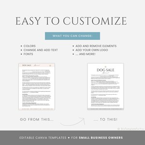 May include: A before and after image showing how to customize a Canva template for a dog sale. The original template is a white document with black text. The customized template has a light blue background with black text. The text on both templates reads "DOG SALE".
