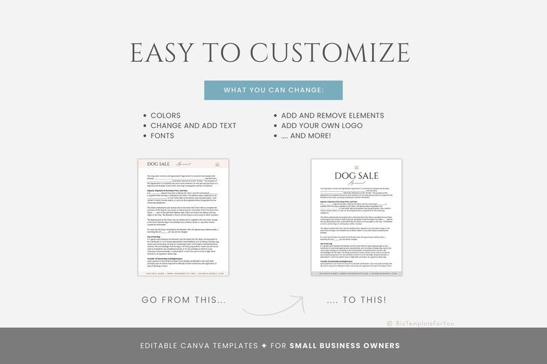 May include: A before and after image showing how to customize a Canva template for a dog sale. The original template is a white document with black text. The customized template has a light blue background with black text. The text on both templates reads "DOG SALE".