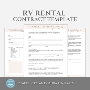 Editable Recreational Vehicle (RV) Rental Agreement Template, Motorhome Rental Contract, Camper Van Rental Contract, editable in Canva