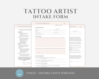 Editable Tattoo Intake Form, Client Intake Form, Tattoo Consent Form, Aftercare Guide, Tattoo Artist Canva Templates, Tattoo Studio Forms