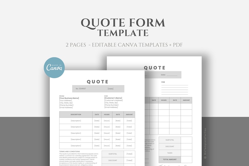 Example Craft Quote Form Editable Quote Template, Contractor Estimate Form, Job Quote Template ...