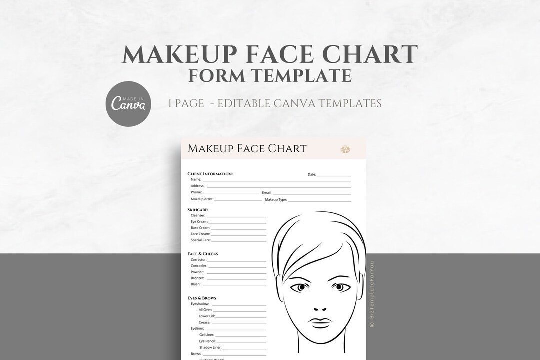 Editable Makeup Face Chart Template for Freelance Makeup Artist, Makeup