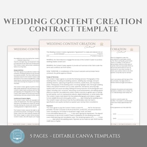 Editable Wedding Content Contract Template, Freelance Content Creator Service Agreement, Wedding Photography, Canva Template