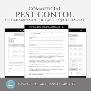 Editable Commercial Pest Control Contract Template, Pest Management Services Agreement, Independent Exterminator Agreement, Canva editable
