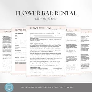 May include: A collection of light beige Flower Bar Rental business forms, including contracts and client information sheets. The title "Flower Bar Rental" is displayed in a stylish font. The forms are designed for event planning and floral services.