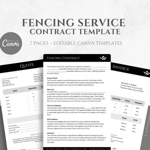 May include: Black and white printable fencing service contract templates. The templates include a quote, contract, and invoice. The text on the templates reads "Fencing Service Contract Template", "Quote", "Fencing Contract", and "Invoice".
