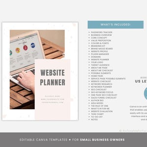 May include: Editable Canva templates for small business owners, featuring a website planner checklist with a laptop on a wooden table. The checklist includes sections for password tracker, business overview, core concept, value proposition, colors and fonts, branding kit, brand mood board, website profile, plugin manager, domains, website planner, your logo, target audience, about me page, website, about me checklist, possible elements, home page, service page possible elements, website checklist, keyword research, keywords planner, SEO checklist, SEO keyword focus, one page SEO checklist, sales funnel checklist, author bio, AIDA model, the rule of one, what's in for me, website evaluation, task chart, to-do list, and notes. Available in US Letter and A4 sizes.