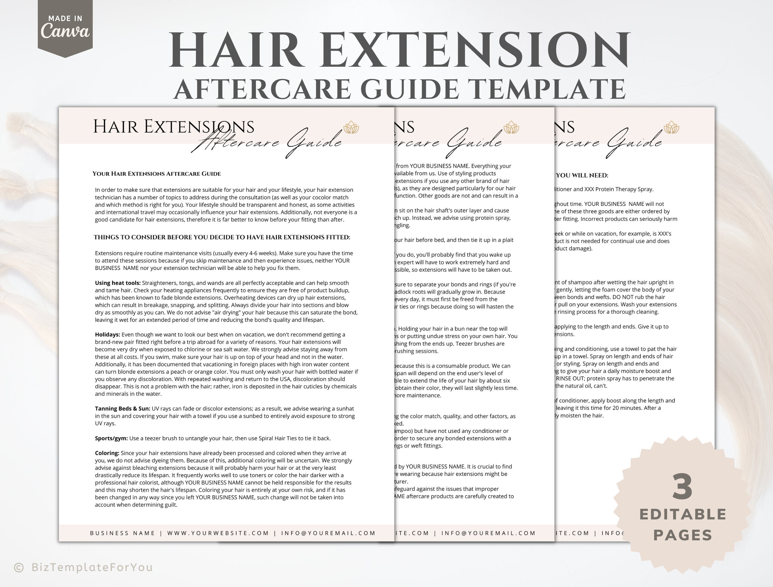 Fully Editable Hair Extensions Aftercare Guide Template for Etsy