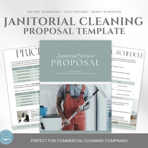 以下が含まれることがあります： 清掃提案のテンプレート。デザインには、「Janitorial Services PROPOSAL」というタイトルの中心的なドキュメントと、価格とスケジューリングをサポートするドキュメントが含まれています。「INSTANT DOWNLOAD • FULLY EDITABLE • READY IN MINUTES」というテキストが上部にあります。