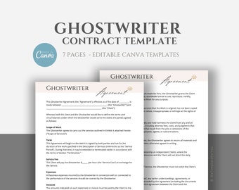 Editable Ghostwriter Contract Template, Writer Service Agreement, Freelance Content Writer Contract, Ghost Writing Forms,  Canva editable