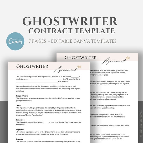 Editable Ghostwriter Contract Template, Writer Service Agreement, Freelance Content Writer Contract, Ghost Writing Forms,  Canva editable