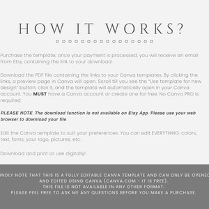 May include: A white text document with black text explaining how to use a Canva template. The text includes the words "HOW IT WORKS?" and "PLEASE NOTE".