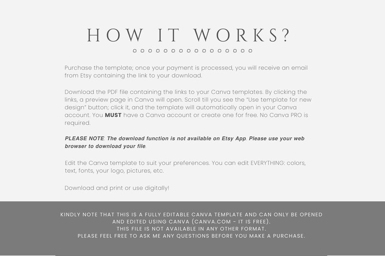 May include: A white text document with black text explaining how to use a Canva template. The text includes the words "HOW IT WORKS?" and "PLEASE NOTE".