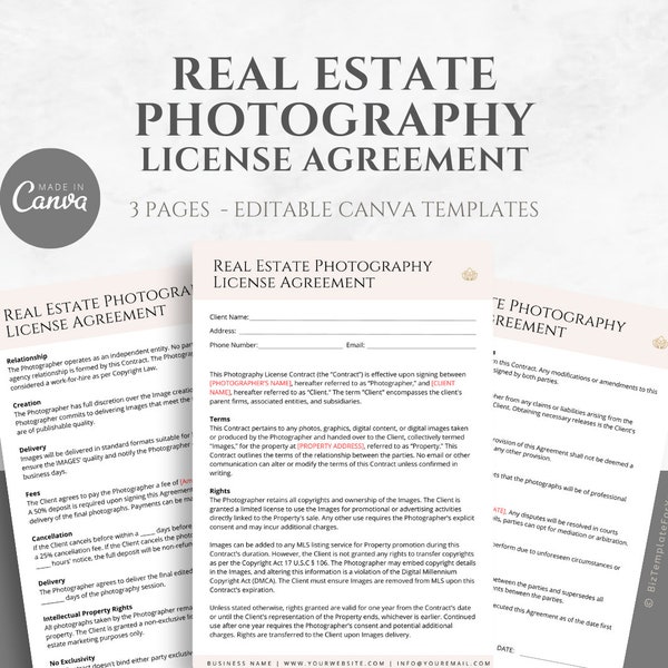 Editable Real Estate Photography Contract Template. Real Estate Photographer Forms. Real Estate Photos Service Agreement. Canva editable