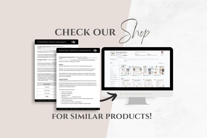 May include: A computer screen displaying a website with a variety of downloadable templates. The website is called "BizTemplateForYou" and features a variety of templates for business, including contracts, invoices, and more.