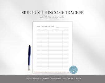 May include: A white printable side hustle income tracker template with the text "SIDE HUSTLE INCOME TRACKER" and "editable template". A blue pen rests on the left side of the paper. The template includes fields for date, source, description, and amount.