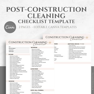 Construction Cleaning Checklist, Editable House Cleaning Checklist, Professionally designed Form for Cleaning Service Business, Canva Design