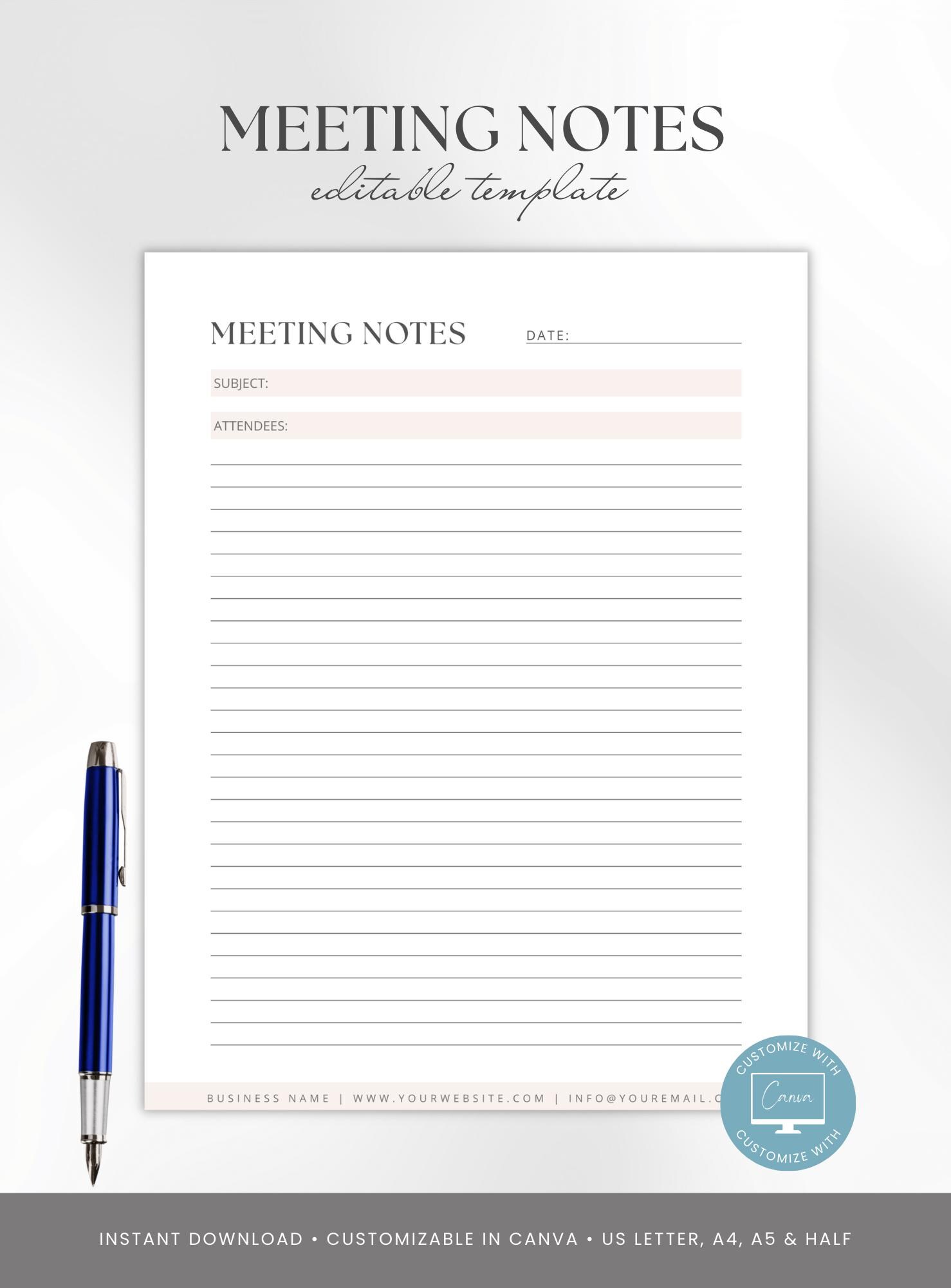 Meeting Notes Template, Editable Canva Business Notes Sheet, Work Notes ...