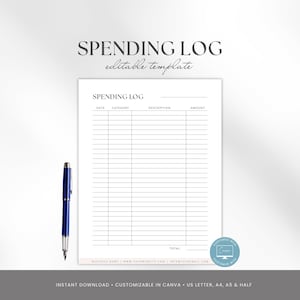 以下が含まれることがあります： 「SPENDING LOG」というタイトルと「editable template」という言葉が上にある白い支出ログテンプレート。青いペンがテンプレートの左側にあります。テンプレートには、日付、カテゴリ、説明、金額のフィールドが含まれています。