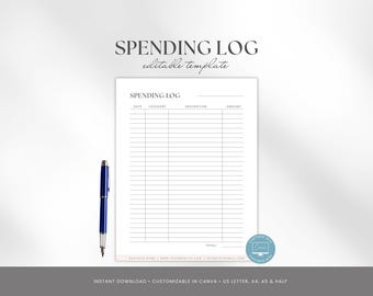 Spending Log Template, Editable Canva Business Purchases - Expenses Sheet, Business Spending Tracker, Budget Log, US Letter, A4, A5, Half