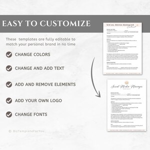 Puede incluir: Un gr&aacute;fico que muestra las caracter&iacute;sticas de una plantilla de contrato de administrador de redes sociales personalizable. El texto dice "F&aacute;cil de personalizar" y enumera las siguientes caracter&iacute;sticas: Cambiar colores, Cambiar y agregar texto, Agregar y eliminar elementos, Agregar su propio logotipo, Cambiar fuentes. La plantilla se muestra en dos versiones, una con una fuente m&aacute;s moderna y otra con una fuente m&aacute;s tradicional.