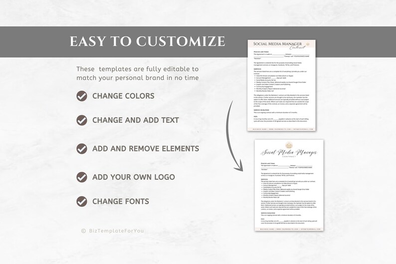 Puede incluir: Un gr&aacute;fico que muestra las caracter&iacute;sticas de una plantilla de contrato de administrador de redes sociales personalizable. El texto dice "F&aacute;cil de personalizar" y enumera las siguientes caracter&iacute;sticas: Cambiar colores, Cambiar y agregar texto, Agregar y eliminar elementos, Agregar su propio logotipo, Cambiar fuentes. La plantilla se muestra en dos versiones, una con una fuente m&aacute;s moderna y otra con una fuente m&aacute;s tradicional.