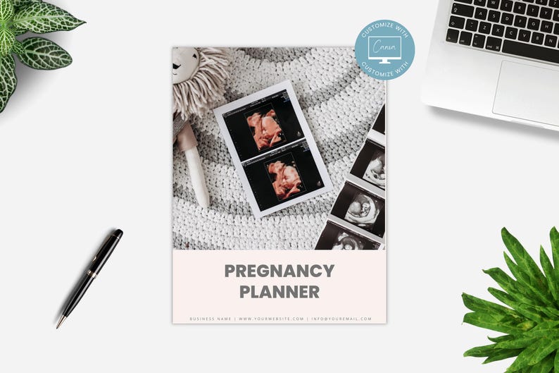 May include: A pregnancy planner with a pink and white cover. The cover features the text "Pregnancy Planner" and a photo of an ultrasound image. The planner is on a white surface with a stuffed animal and a pen.
