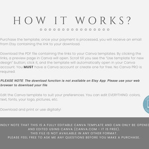 May include: How it works? Text explaining how to use a Canva template. The text says to purchase the template, download a PDF file with links to Canva templates, and then open the templates in Canva. It also says that the download function is not available on the Etsy app, but to use a web browser instead. The text also says that you can edit everything in the template, including colors, text, fonts, logos, and pictures. The text also says that the template is fully editable and can only be opened and edited using Canva. The text also says that the file is not available in any other format. The text also says to feel free to ask any questions before making a purchase. The text is surrounded by a white background. There is a small circle in the bottom right corner of the image that says "Customize with Canva" in a white font on a blue background.