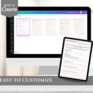 May include: A computer screen displaying a Canva design template for a pre-wedding questionnaire. The template is titled "Pre-Wedding Questionnaire" and includes sections for couple information, wedding details, and other important questions. The screen is on a desk with a tablet displaying a similar questionnaire.