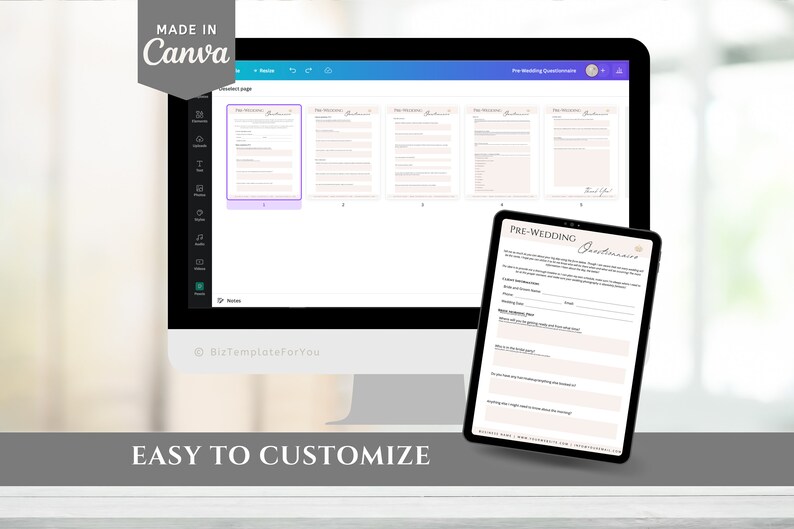 May include: A computer screen displaying a Canva design template for a pre-wedding questionnaire. The template is titled "Pre-Wedding Questionnaire" and includes sections for couple information, wedding details, and other important questions. The screen is on a desk with a tablet displaying a similar questionnaire.